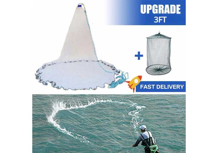 American Saltwater Fishing Cast Net for Bait Trap Fish 3/4/5/6/7/8/9/10ft Radius Casting Nets with Heavy Duty Zinc Sinker Weight