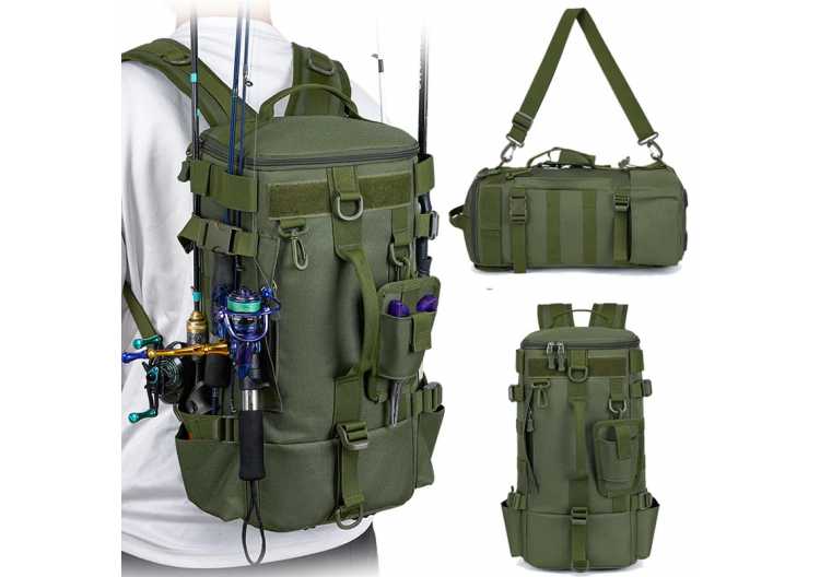Tactical Fishing Backpack Tackle Bag with Rod Holders Fish Equipment Storage Molle Camping Hiking Outdoor Multifunctional Bag