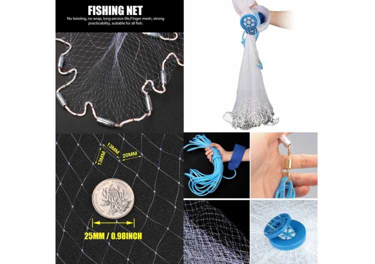 American Saltwater Fishing Cast Net for Bait Trap Fish 3/4/5/6/7/8/9/10ft Radius Casting Nets with Heavy Duty Zinc Sinker Weight